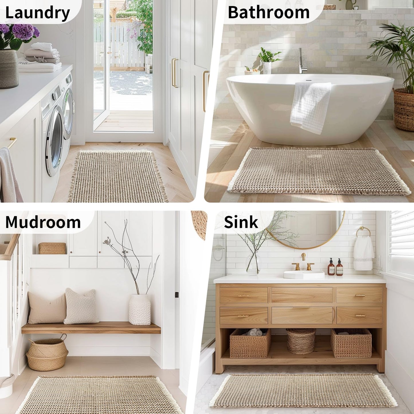 GRLYUH Waffle Bath Mat - Boho Bathroom Rugs Non Slip Washable, Super Absorbent & Quick Dry, Small Bath Mats Farmhouse Bathroom Decor, 18'' x 30'', Khaki and White