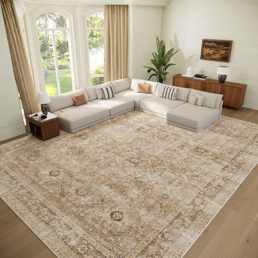Hedwior Washable 10x14 Area Rugs for Living Room, Boho Non-Slip Vintage Distress Large Rugs for Bedroom Dining Room Office, 0.3" Neutral Oriental Throw Thin Carpet, Brown/Multi, C1