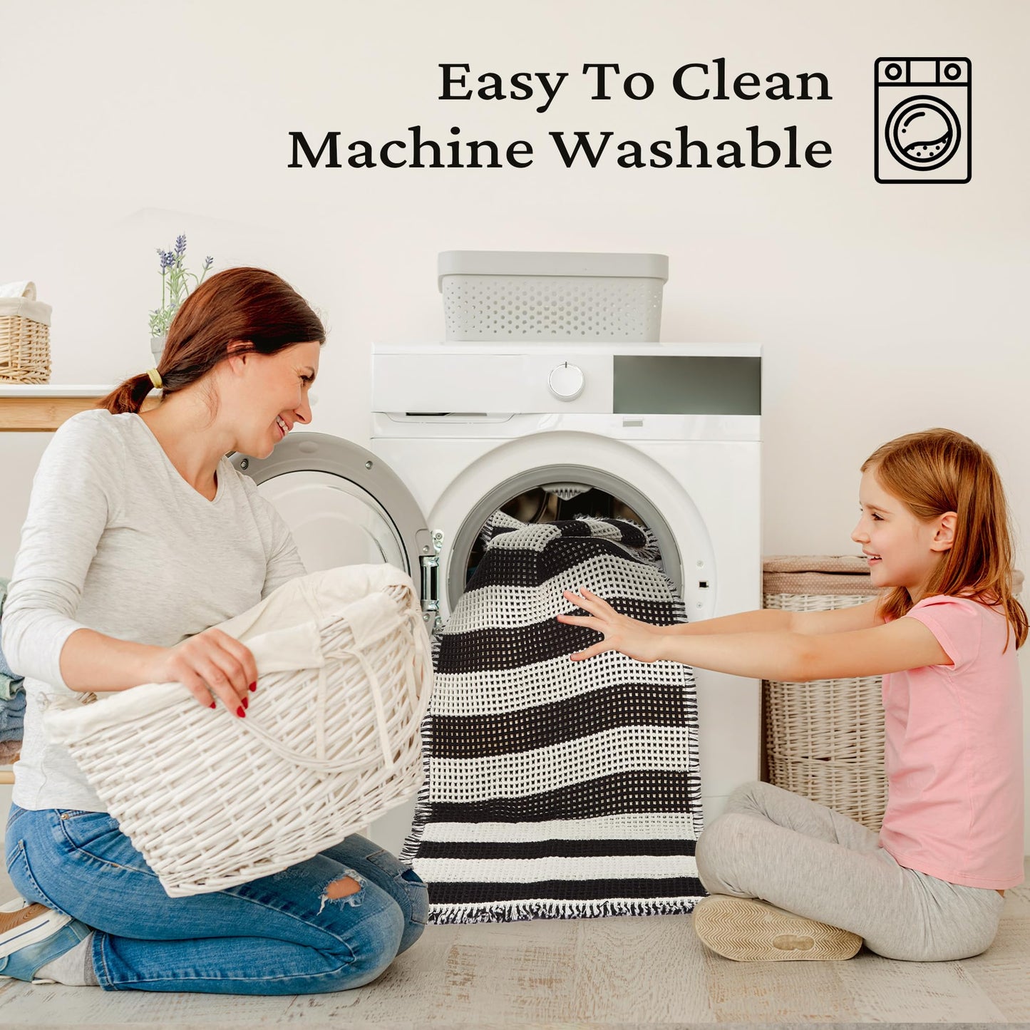 MatEssenz Bathroom Rugs Sets 2 Piece Absorbent Quick Drying Machine Washable,Non Slip, Bathroom Accessories, 17"x24"+18"x30", Black and White Stripes