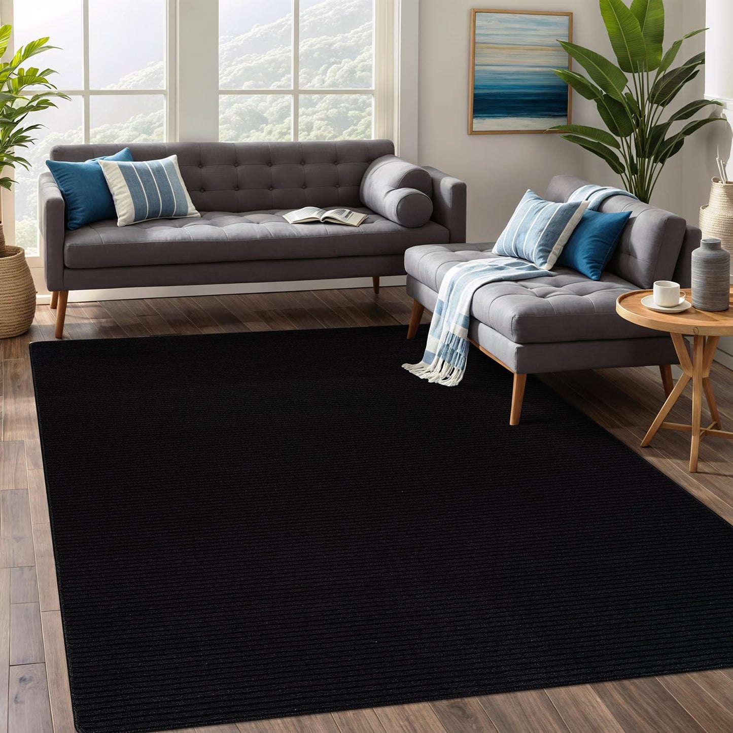 Beverly Rug Non-Slip Modern Rug 8x10 Solid Traditional Rubber Backing Machine Washable Soft Thin Indoor Area Rugs for Living Room Stain Resistant Non Shedding Casual Carpet (8 x 10 Black)