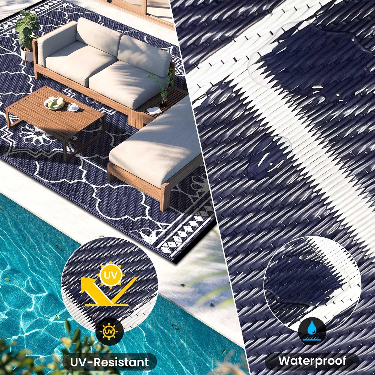 Lighted Outdoor Rug 8x10 ft, Solar Powered Patio Rug with 113 LED Lights, Waterproof Plastic Reversible Outdoor Straw Rugs, Rugs Mat for House Deck RV Camping Patio Beach Balcony Picnic (Blue White)