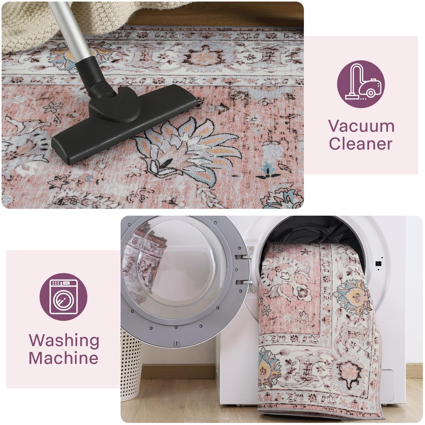 Runner Rug for Kitchen Hallway 2x6 Washable Non-Slip, Soft Boho Floral Carpet Low Pile Vintage Long Kitchen, Bedroom, Laundry, Bathroom, Living Room Rugs (Pink)