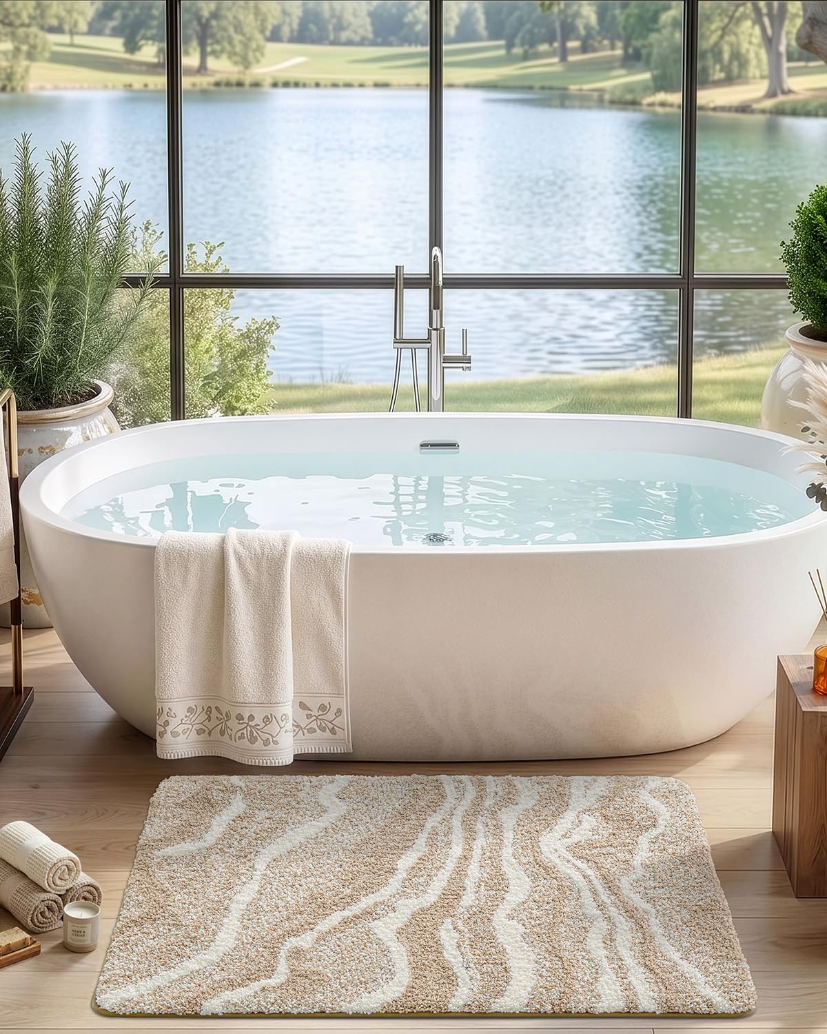 DEXI Bathroom Rug Mat 30x17, Soft and Absorbent Marble Bath Mat, Non Slip Machine Washable Bath Rugs for Shower Floor, Tub, Sink, Beige