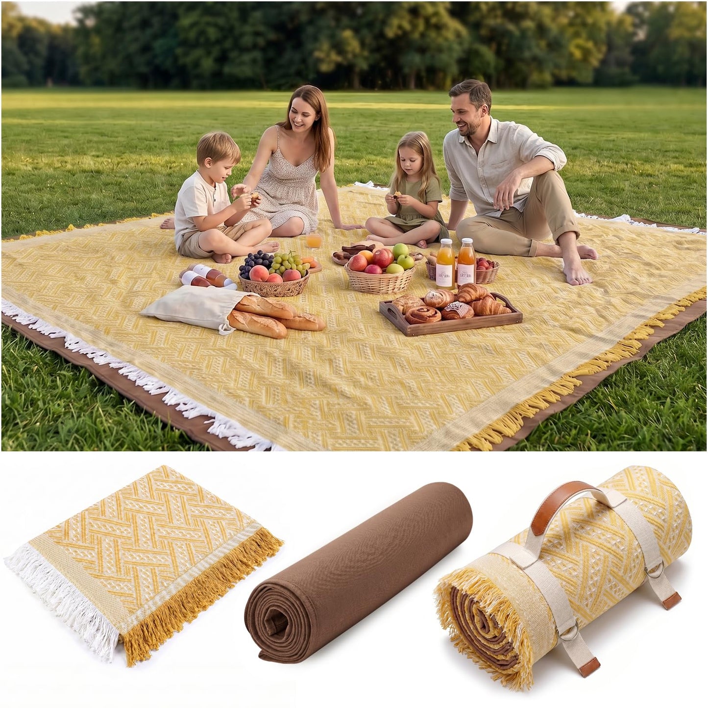 Genovega 2 in 1 Extra Large 80"* 80" Rug Picnic Blankets Waterproof Outdoor Beach Blanket Foldable Camping Mat Supplies Europe Travel Accessories Hawaii Necessities Hiking Items Yellow