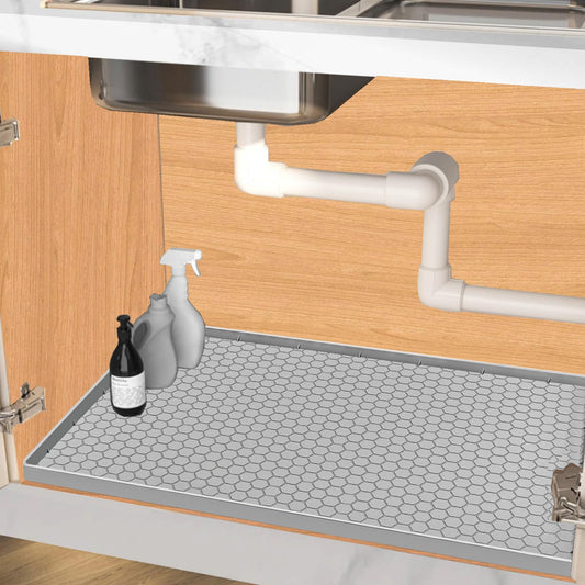 Jacooxi Under Sink Mat 28 x 19 for Kitchen Waterproof, Silicone Under Sink Liner, Bathroom Kitchen Cabinet Protector Mat, Easy to Clean Cabinet Mat Organizers and Storage, Light Grey