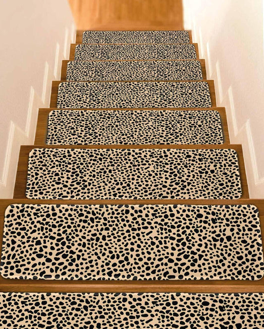 Leopard Textured Stair Treads for Wooden Steps Indoor, 7 Pack Non Slip Carpet Stair Treads for Kids Elders and Dogs with Reusable Adhesive, 8x30 inch Step Mats Modern Animals Printed Black Brown