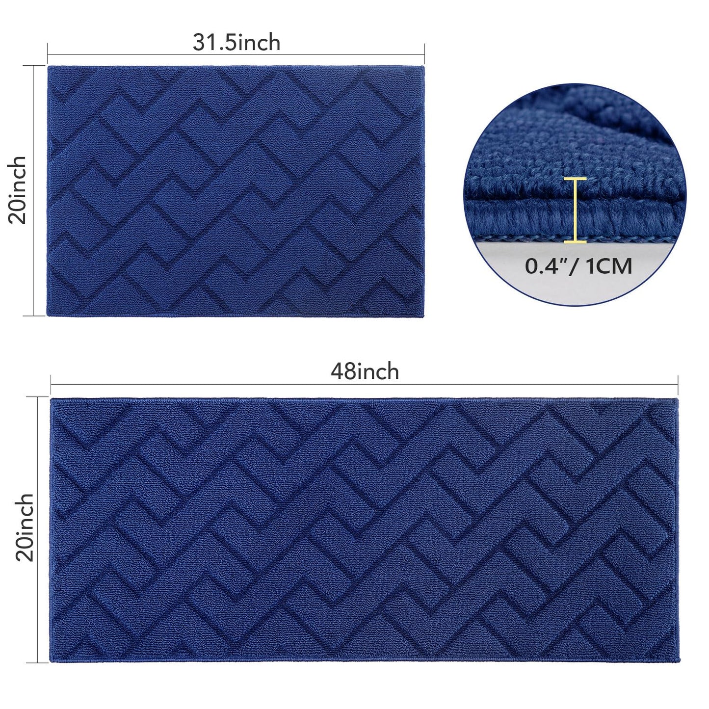 hicorfe Kitchen Runner Rugs and Mats Sets,2 Pieces Absorbent Non-Slip Kitchen Rug,Comfort Kitchen Mat for Floor,Washable for Kitchen,Hallway,Office,Sink,Laundry(20"x48"+20"x32" Navy Blue)