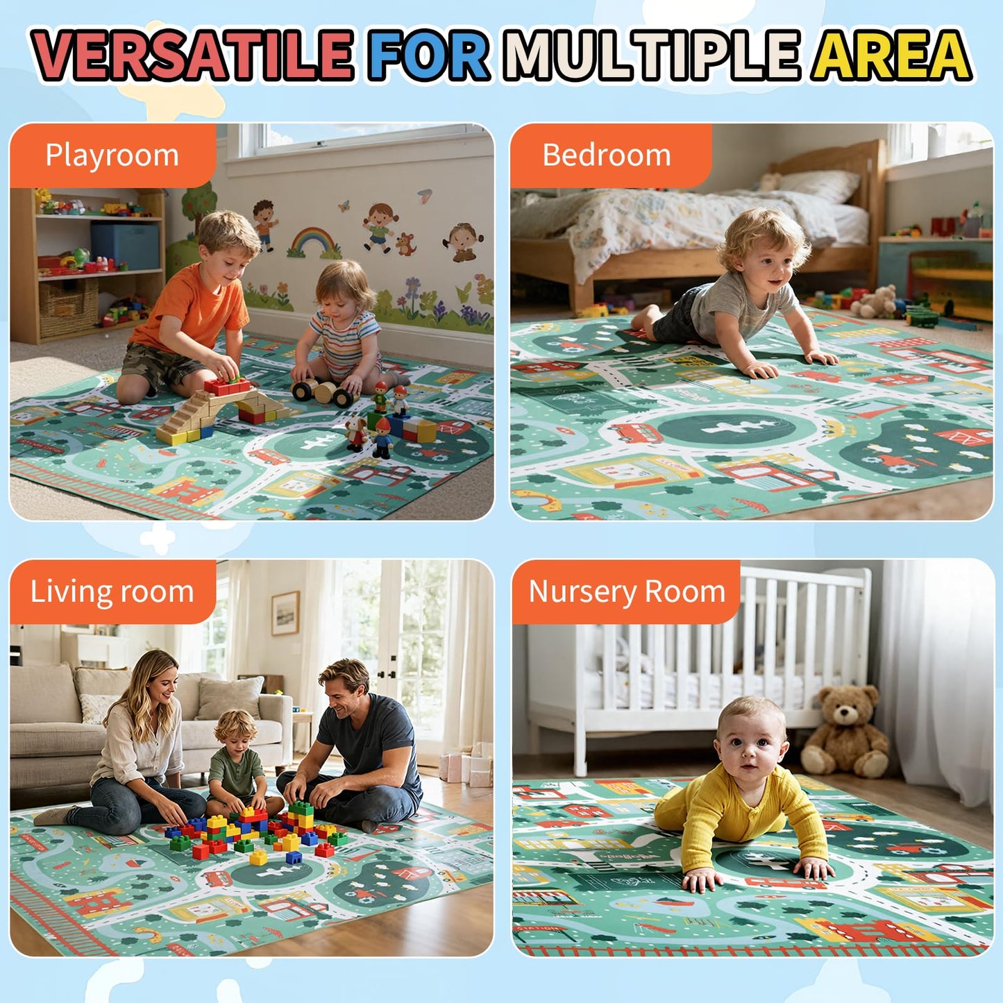 UKISS Educational Play Rug，55"x55" Traffic Road Kids Car Mat,Non-Slip Washable City Kids Play Mat,Area Rug Kid Carpet for Playroom Living Room Nursery Room Decor,Green