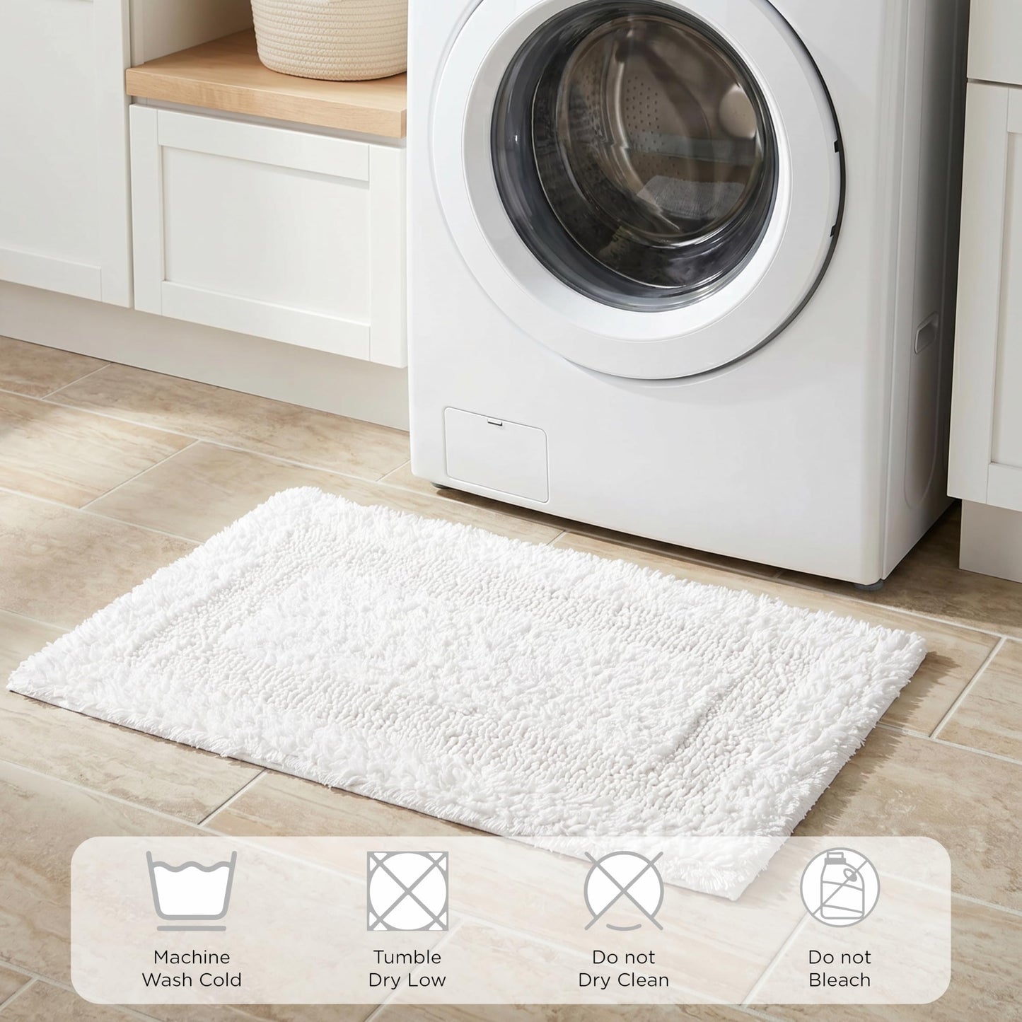 Cotton Reversible Bathmat Rug 17x24 - White, Ultra Soft Bathtub Floor Bath Rugs Ideal for Toilet, Bathroom, Kitchen | Super Absorbent Quick Dry Hotel Quality Throw Mat for Machine Washable