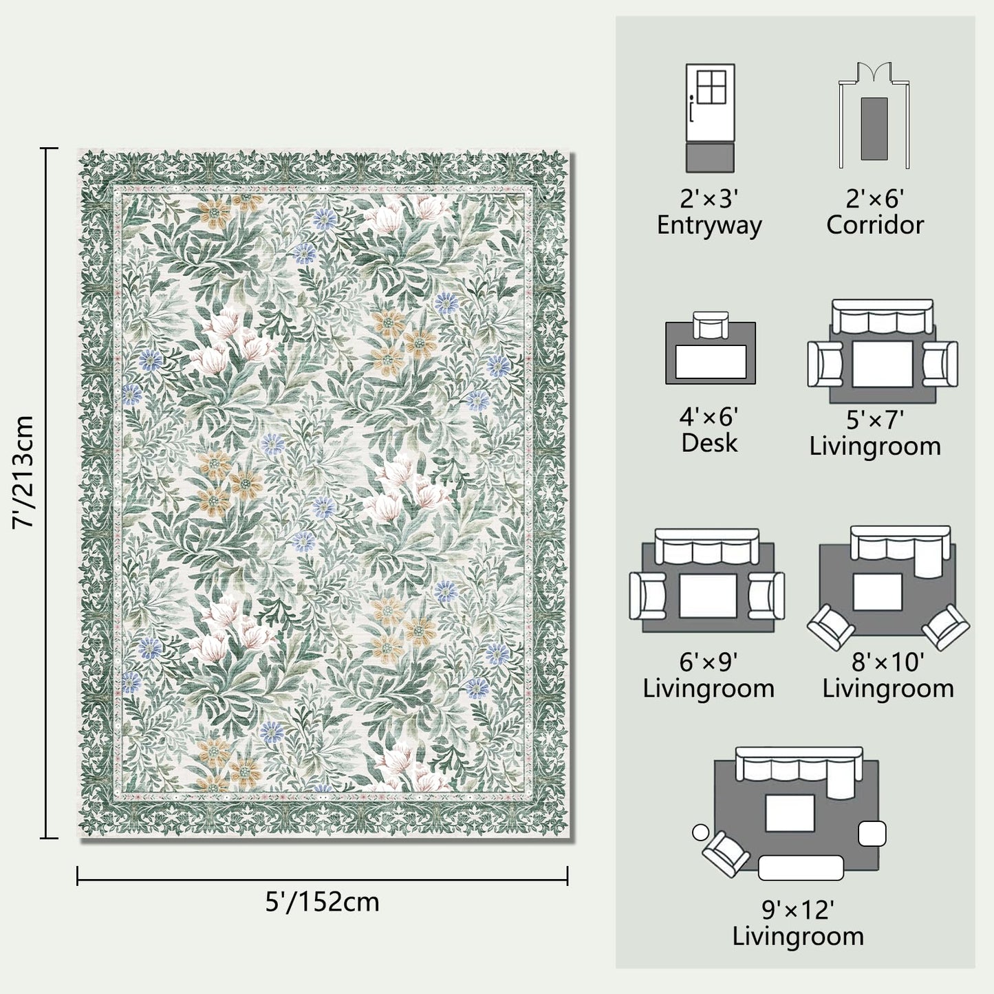 Baksham Botanical Floral Area Rug 5x7 Light Green Cream Vintage Garden Design, Perfect for Living Room, Bedroom, Kids Room, Nursery - Stain & Water Resistant Non-Slip, Pet & Child Friendly Area Rugs