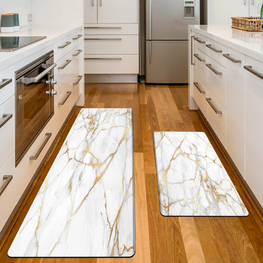 White Gold Marble Kitchen Rugs Sets of 2 Anti Fatigue Mats for Kitchen Floor Waterproof Non-Slip Kitchen Mat for Home Office Laundry (White Gold, 17"x29.5"+17"x47.2")