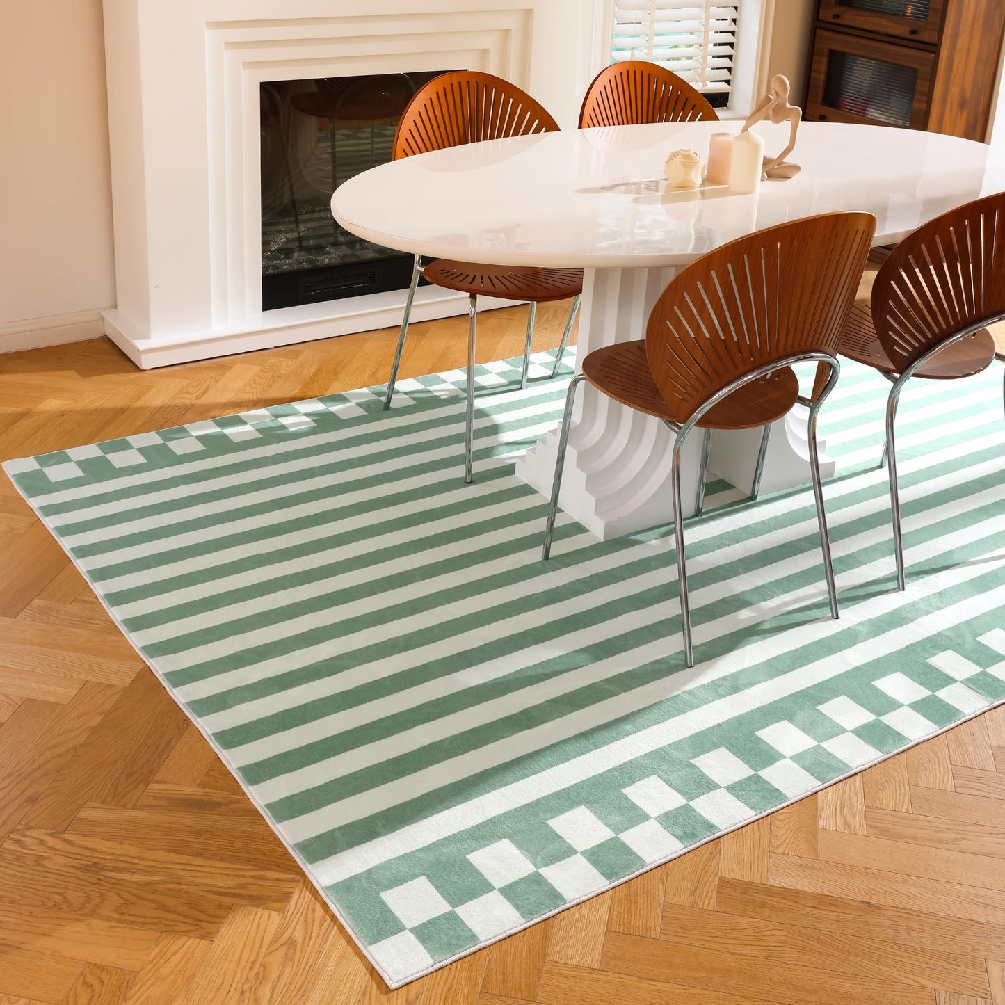 Carvapet 8x10 Area Rug - Green Striped Modern Large Carpet Low Pile, Non Slip Rubber Backing Easy Clean Foldable Big Thin Floor Mat for Living Room Bedroom