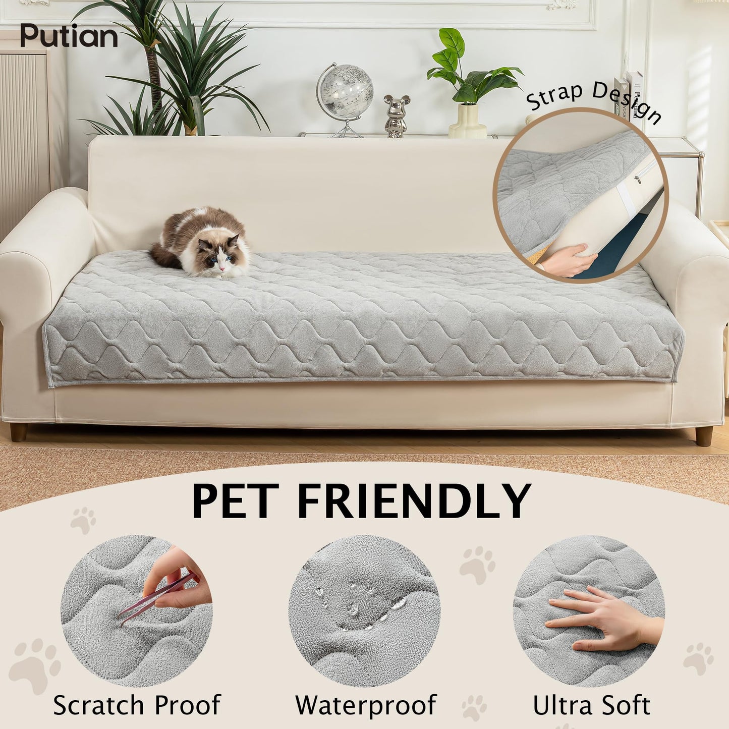PuTian Waterproof Couch Cover for Dogs - Washable Sectional Sofa Cover with Non-Slip Straps, Pet Friendly Couch Protector & Dog Mat - 36''X63'' 90cmX160cm Light Gray