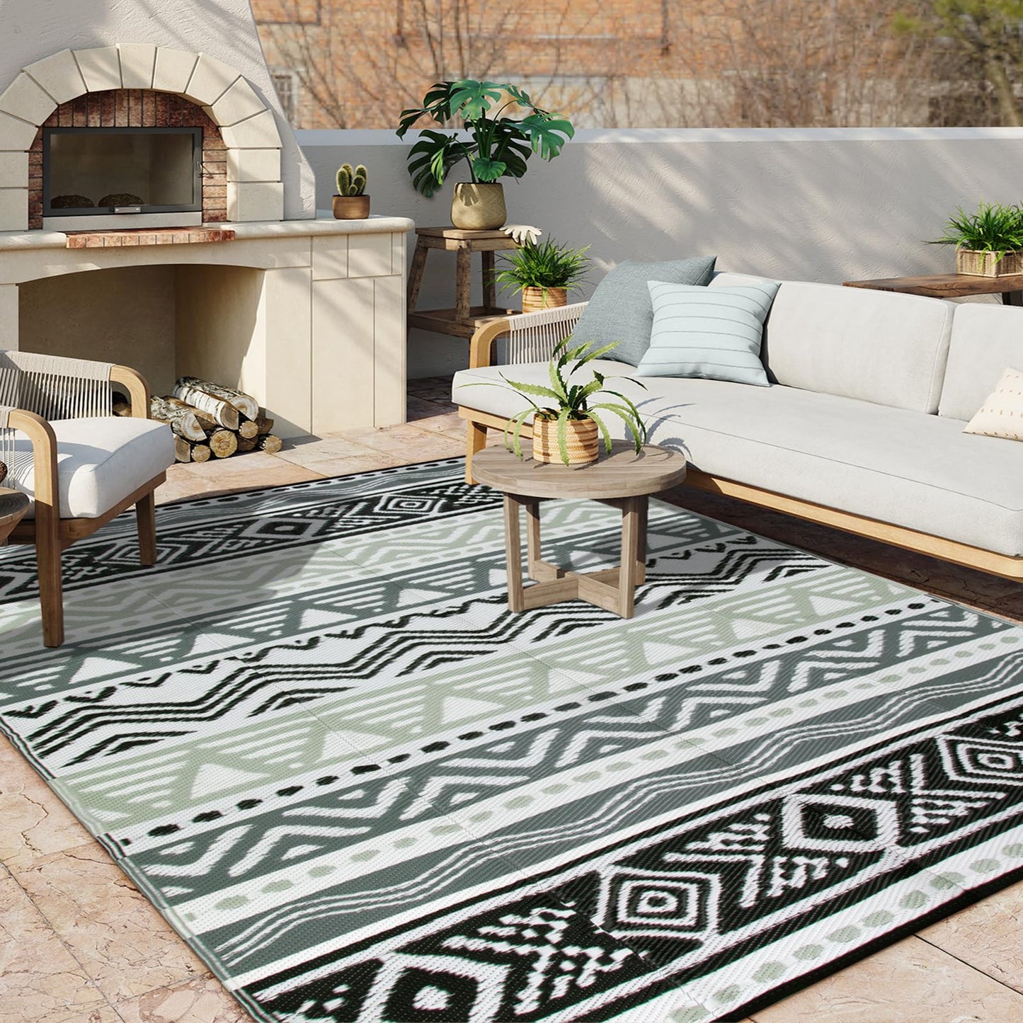 Lahome Outdoor Rug Waterproof, 6x9 Reversible Outdoor Plastic Straw Rug for Camping, RV Patio Rugs Large Carpet for Porch Deck Backyard Balcony Picnic(Grey/Black,6'x 9')
