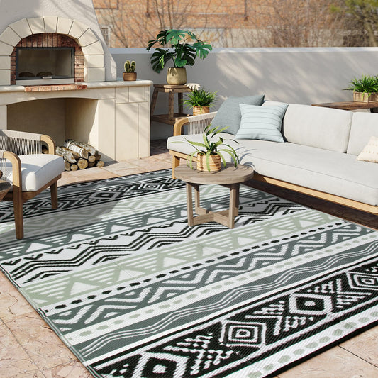 Lahome Outdoor Rug Waterproof, 6x9 Reversible Outdoor Plastic Straw Rug for Camping, RV Patio Rugs Large Carpet for Porch Deck Backyard Balcony Picnic(Grey/Black,6'x 9')