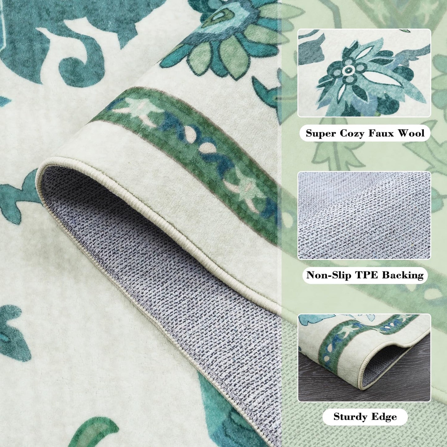 Uphome Green Washable Rugs 8x10, Floral Oushak Rugs for Living Room Bedroom, Non-Slip Soft Turkish Dining Room Rug, Modern Abstract Ultra-Thin Large Carpet for Office Playroom Dorm
