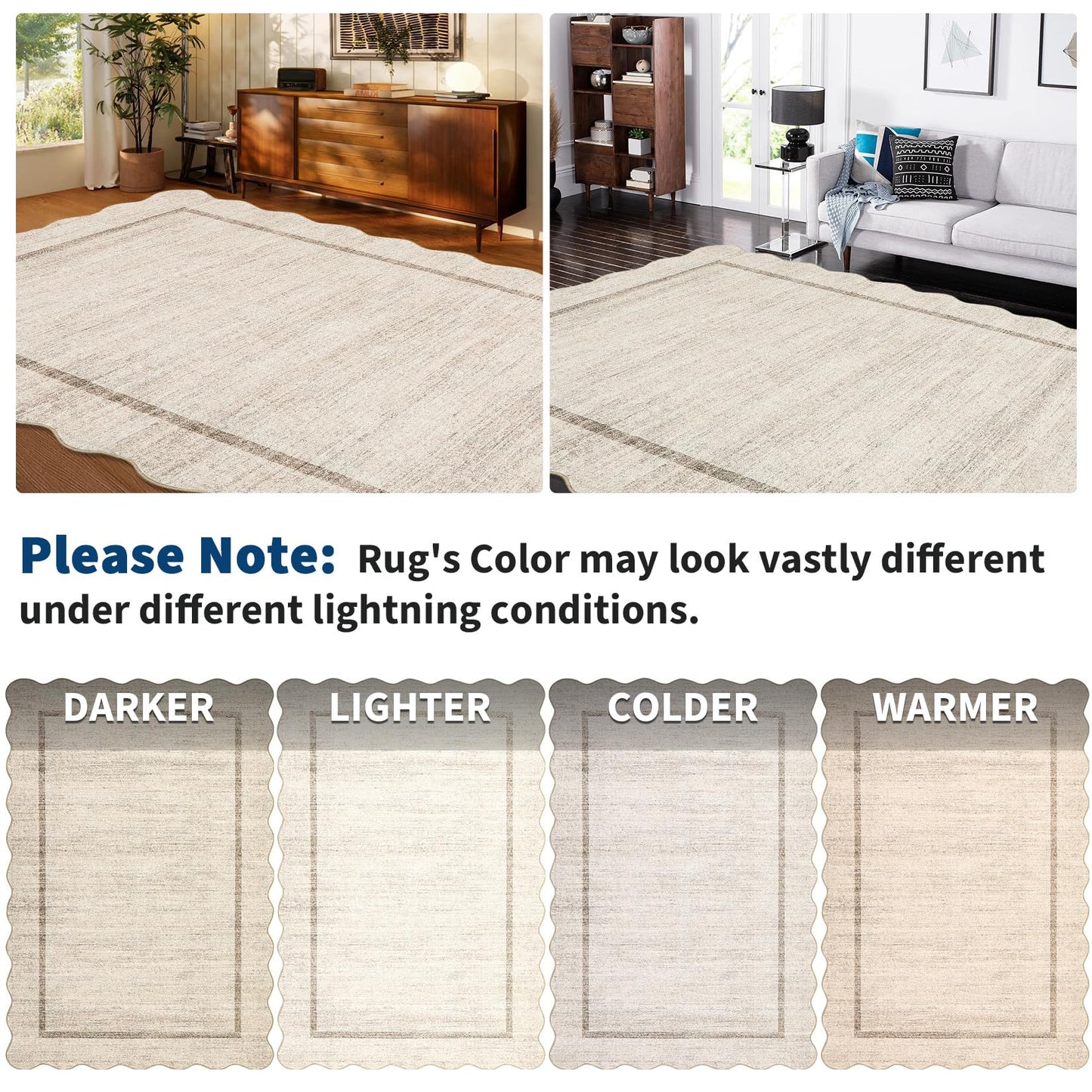 GarveeHome Scalloped Large Living Room Area Rug 8x10 - Machine Washable Modern Rugs Bordered Neutral Rug Non-Shedding Low Pile Farmhouse Carpet for Bedroom Nursery Classroom Dorm 8 ft x10 ft Beige
