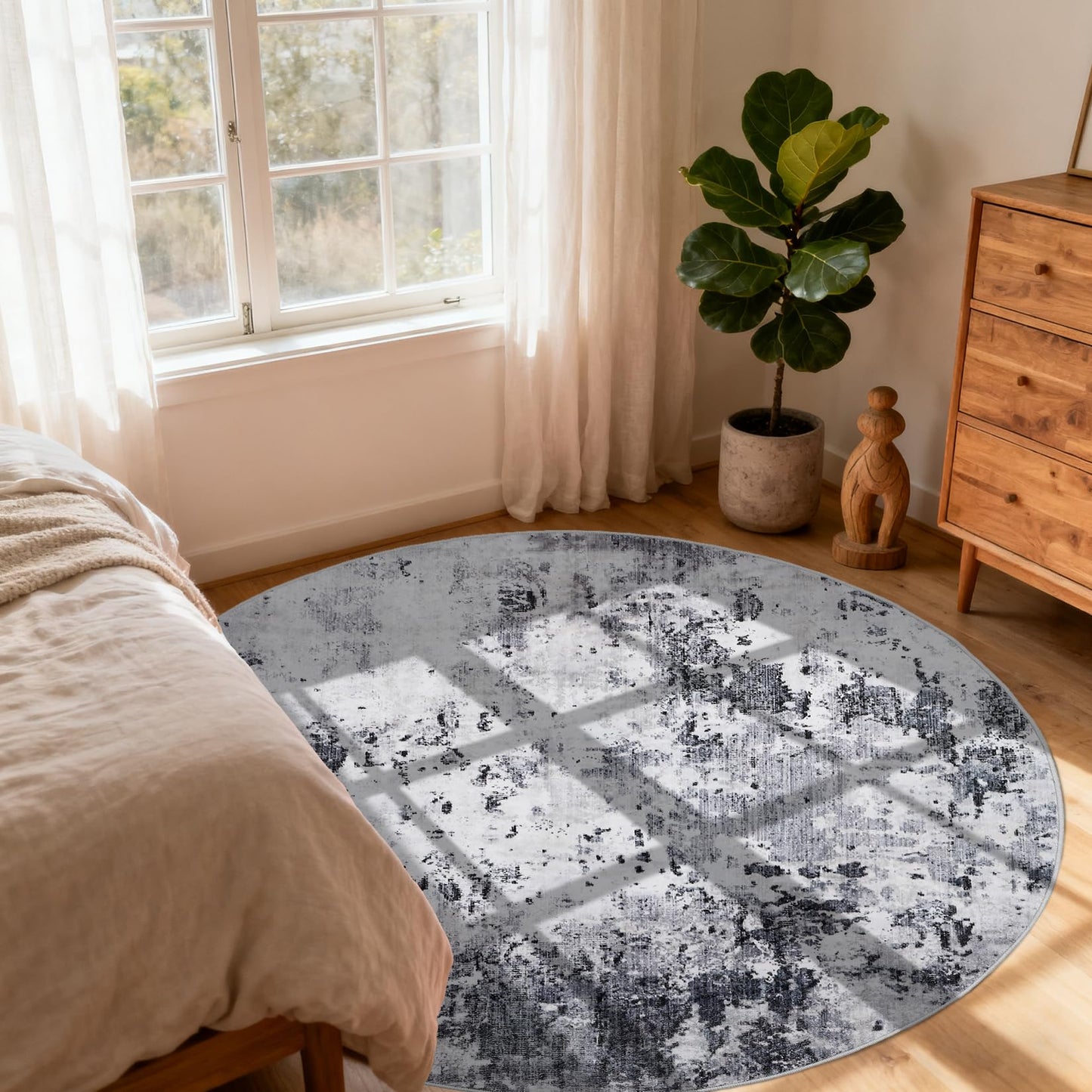 ROYHOME Modern Abstract 4x4 Round Area Rug Non Slip Non Shedding Rug Low Pile Stain Resistant for Bedroom Living Room Office Dining Room,Grey