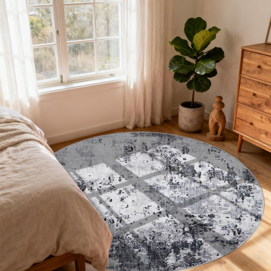 ROYHOME Modern Abstract 4x4 Round Area Rug Non Slip Non Shedding Rug Low Pile Stain Resistant for Bedroom Living Room Office Dining Room,Grey