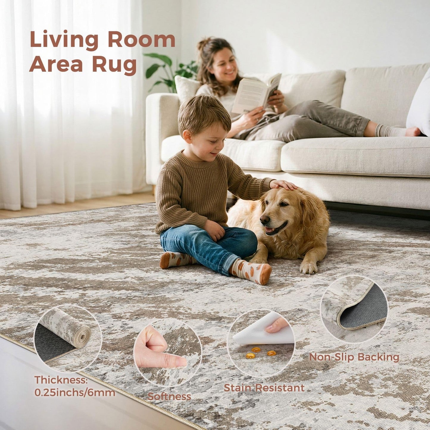 DMOYEST 10x14 Washable Area Rug: Abstract Modern Non-Slip Carpet, Soft Low Pile Indoor Neutral Easy Clean Floor Rugs for Living Room Bedroom Dining Room Kids & Pets - Brown