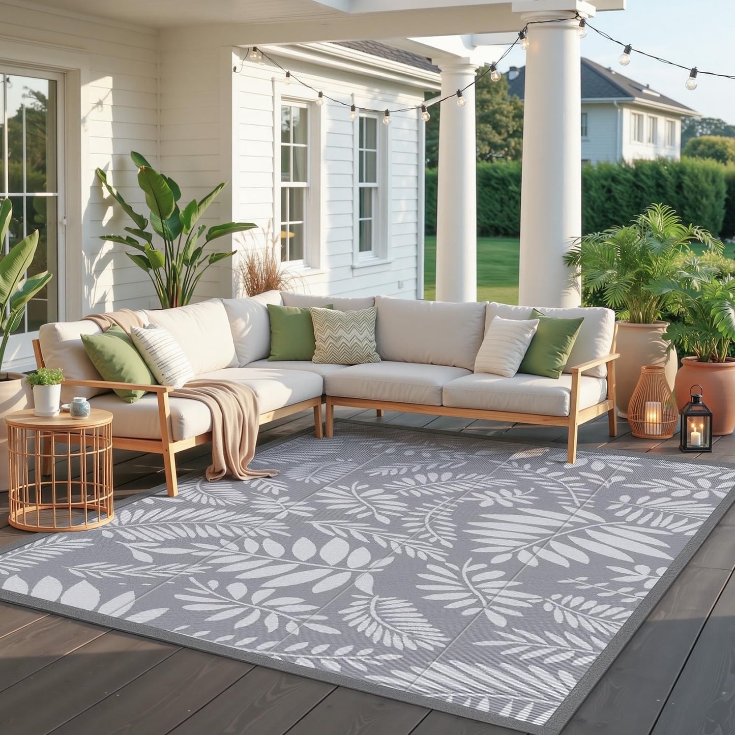 TitanCoziest Outdoor Rug for Patio - 5' x 8', Waterproof, Reversible Outdoor Plastic Straw Rugs with Reinforced Edges, Camping Mat Carpet for RV, Deck, Backyard, Balcony, Picnic, Beach (Leaf Gray)