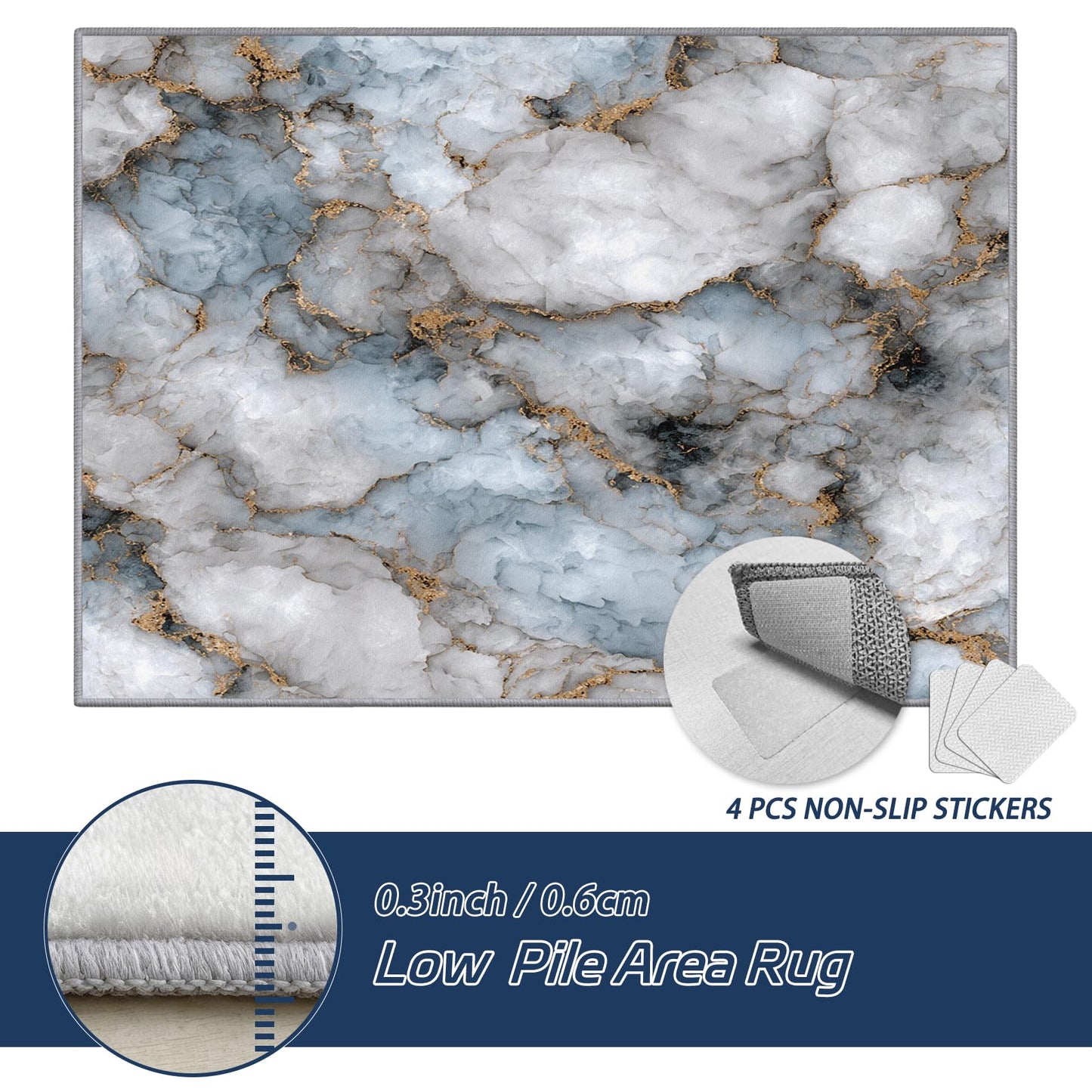 Aquailis Marble Rugs for Living Room - 2x3 Rug, Blue White Gold Marble Area Rug, Modern Abstract Washable Non Slip Soft Rugs, Luxury Agate Carpet, Contemporary Home Decor, Modern Gifts for Women