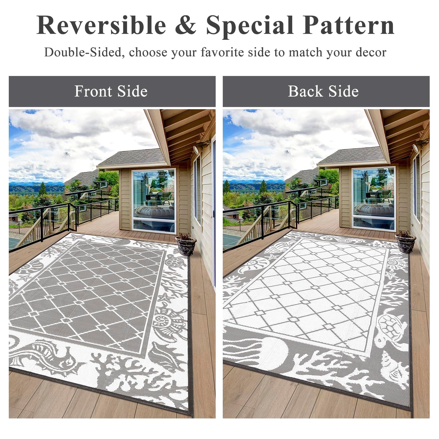 Vaukki Reversible Rugs, Plastic Straw Outdoor Doormat, Fade Resistant Plastic Outdoor Patio Mat, Lightweight Ocean Area Carpet for Patio, RV, Camping, Beach, Deck, Backyard and Picnic (Grey, 5'x8')