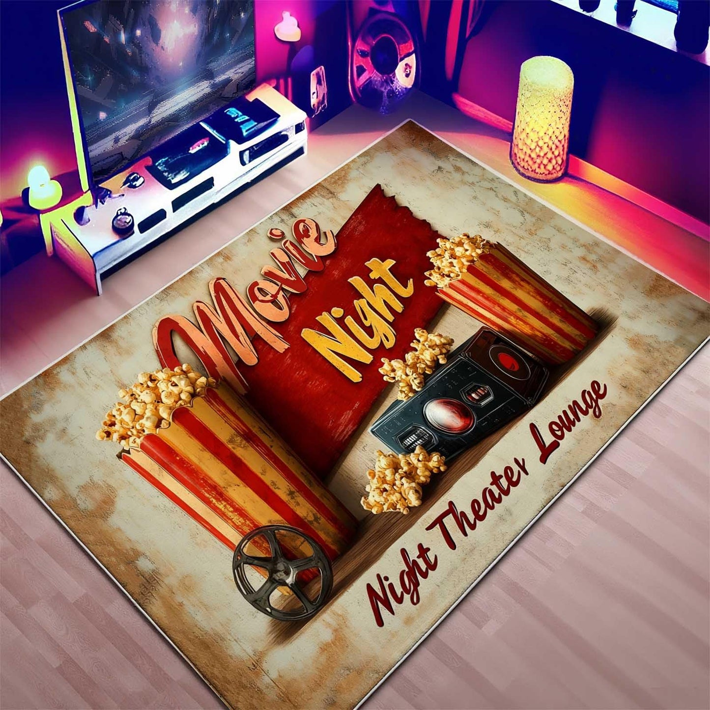 5x8 Movie Area Rug, Theater Lounge Area Rug, Movie Night Home Theater Floor Rugs, Vintage Movies Theaters Rugs, Washable Low Pile Film Carpet for Living Room