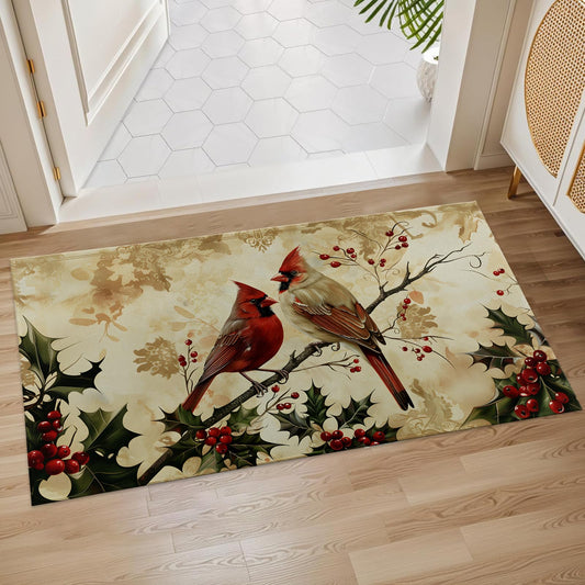 Plistiz Cardinal Birds Winter Indoor Door Mat, 17x29.5 Inch, Floor Area Rug for Entryway, Living Room, or Bathroom, Non-Slip Doormat, Red Bird Home Decor Rug Gifts