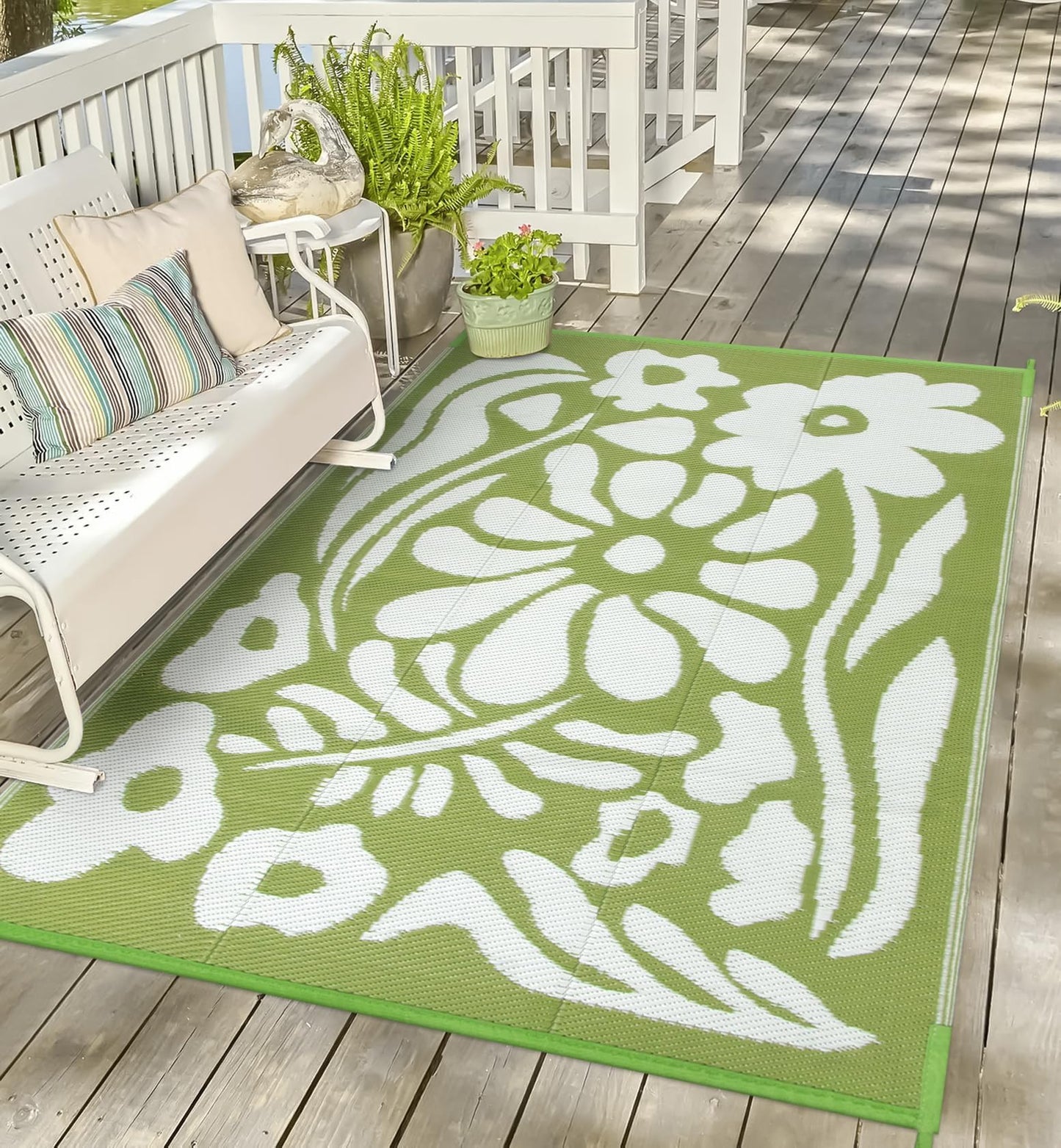 Uphome Outdoor Plastic Straw Mats 6x9 ft, Reversible Waterproof Outdoor Rug Carpet, Green Floral Patio Rug, RV Camping Rug for Outside, Indoor Outdoor Area Rug for Backyard Deck Balcony Picnic, 6'x9'
