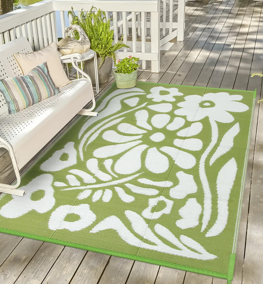 Uphome Outdoor Plastic Straw Mats 6x9 ft, Reversible Waterproof Outdoor Rug Carpet, Green Floral Patio Rug, RV Camping Rug for Outside, Indoor Outdoor Area Rug for Backyard Deck Balcony Picnic, 6'x9'
