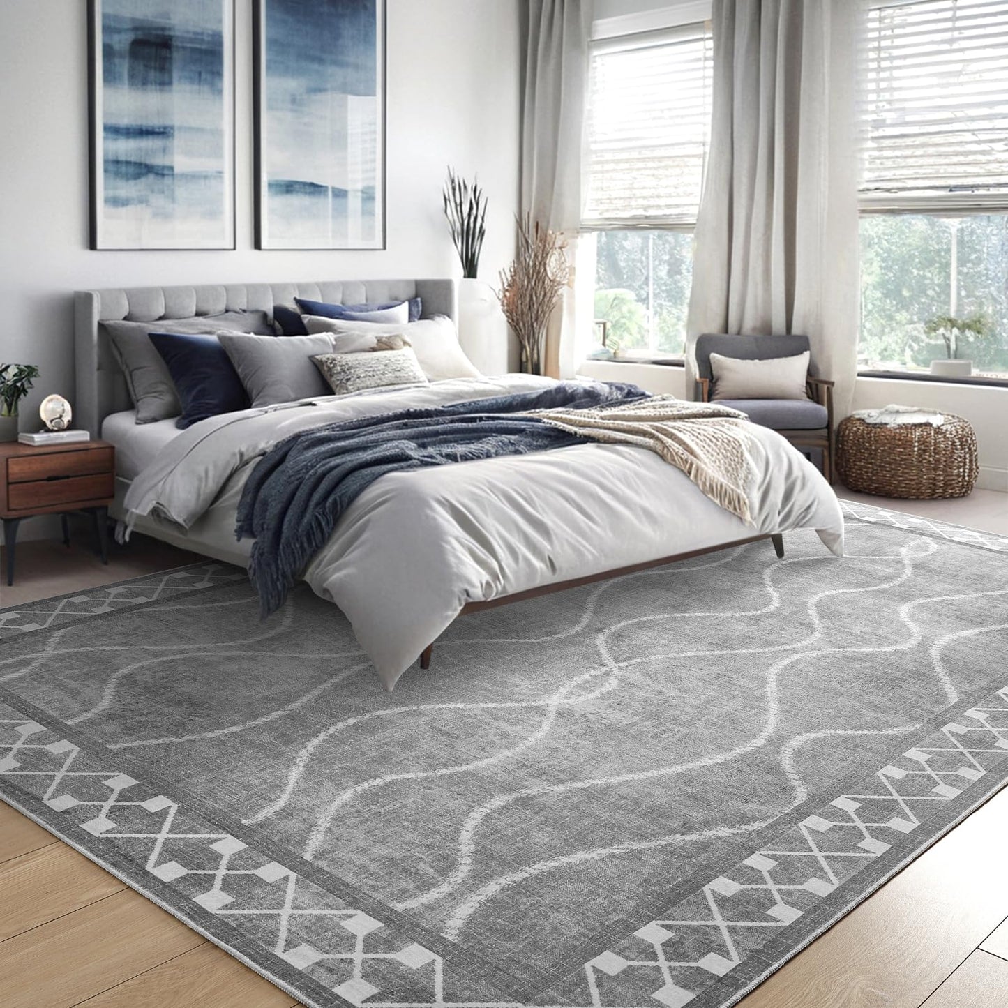 Woottpe 4x6 Area Rugs for Living Room Bedroom, Machine Washable Low Pile Rugs, Non Slip Modern Bordered Print Indoor Carpet for Entryway Office Dining Room Dorm Home Decor,Light Grey