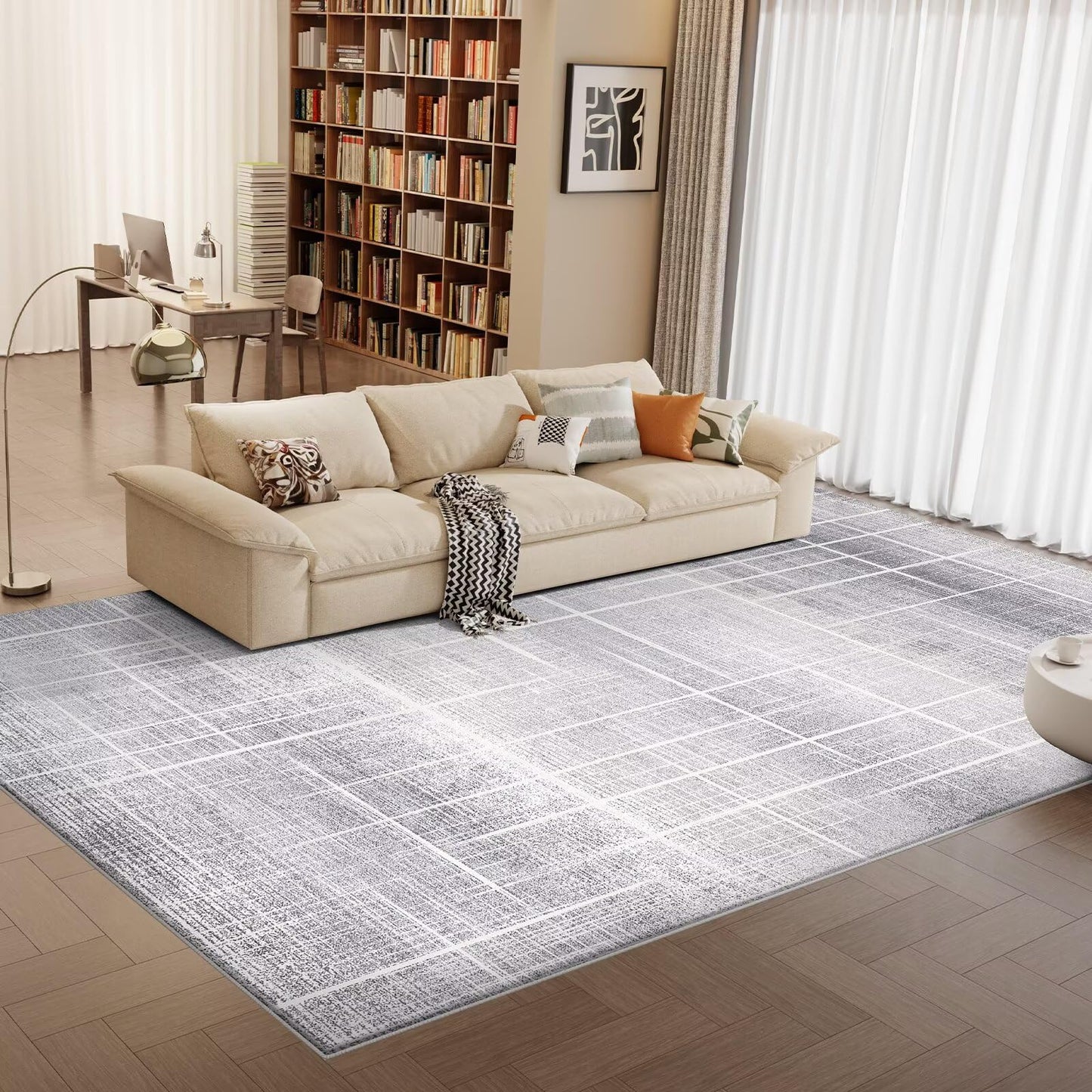 Vamcheer Modern Area Rug 8x10 - Upgraded 10mm Thick Sponge for Exceptional Comfort, Abstract Area Rug for Living Room/Bedroom/Office, Non-Shedding & Easy to Clean, Grey Striped