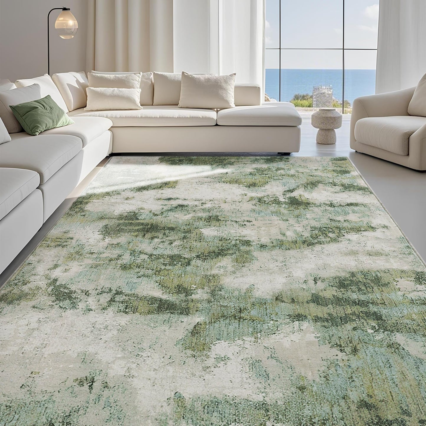 Carvapet 6x9 Large Sage Green Rugs for Living Room Bedroom Dorm, 9 x 6 Feet Washable Green Modern Abstract Low Pile Carpet with Rubber Backing, Foldable, Non Slip Thin Area Rug, Ultra Soft