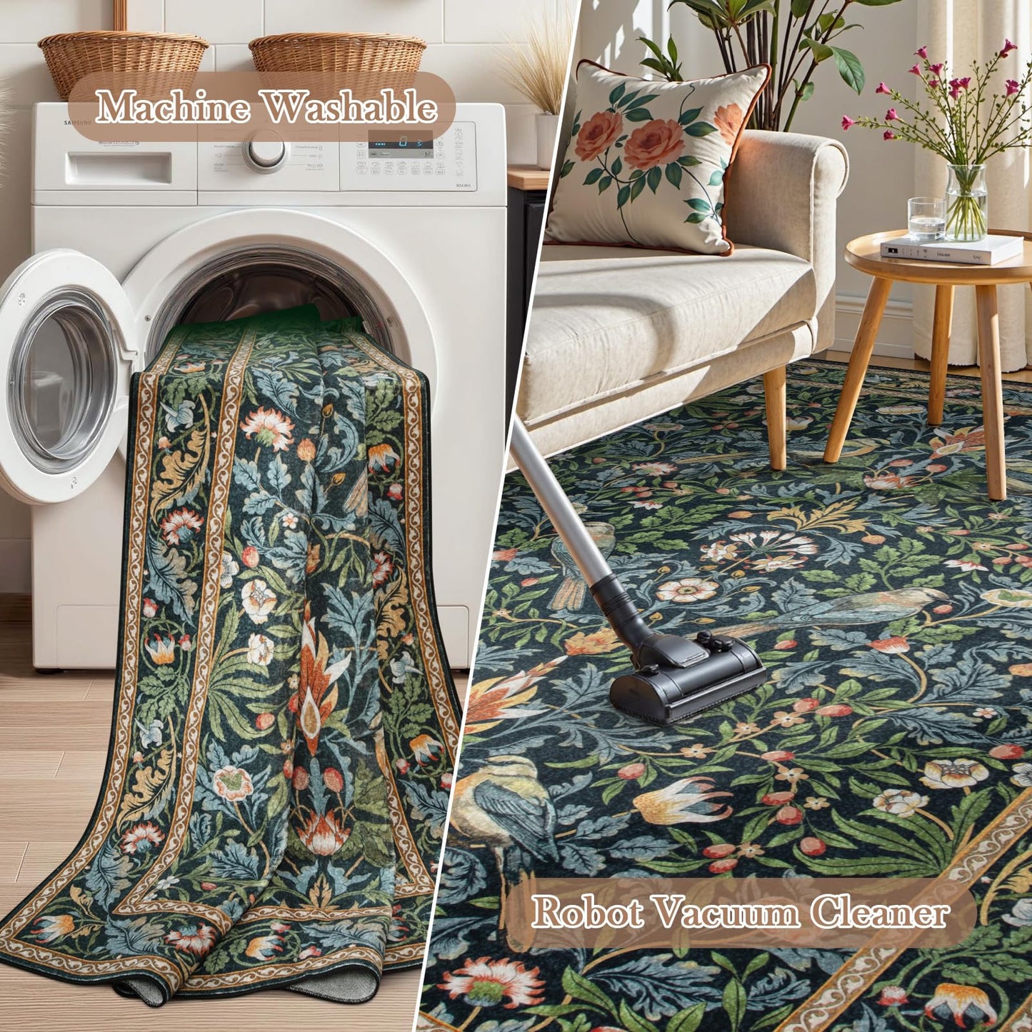 Morebes Floral Carpet Runners for Hallway 8ft Non Slip, Boho Flower Washable Runner Rug 2x8, Botanical Birds Indoor Floor Carpet Runner for Kitchen Laundry Bath Room, Navy Blue