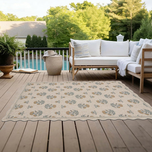 ORTIGIA Scalloped Easy Jute 3x5 Area Rug Vintage Yellow Floral Farmhouse Washable Rug Non-Slip Indoor Outdoor Carpet for Living Room Bedroom Kitchen Patio Entryway