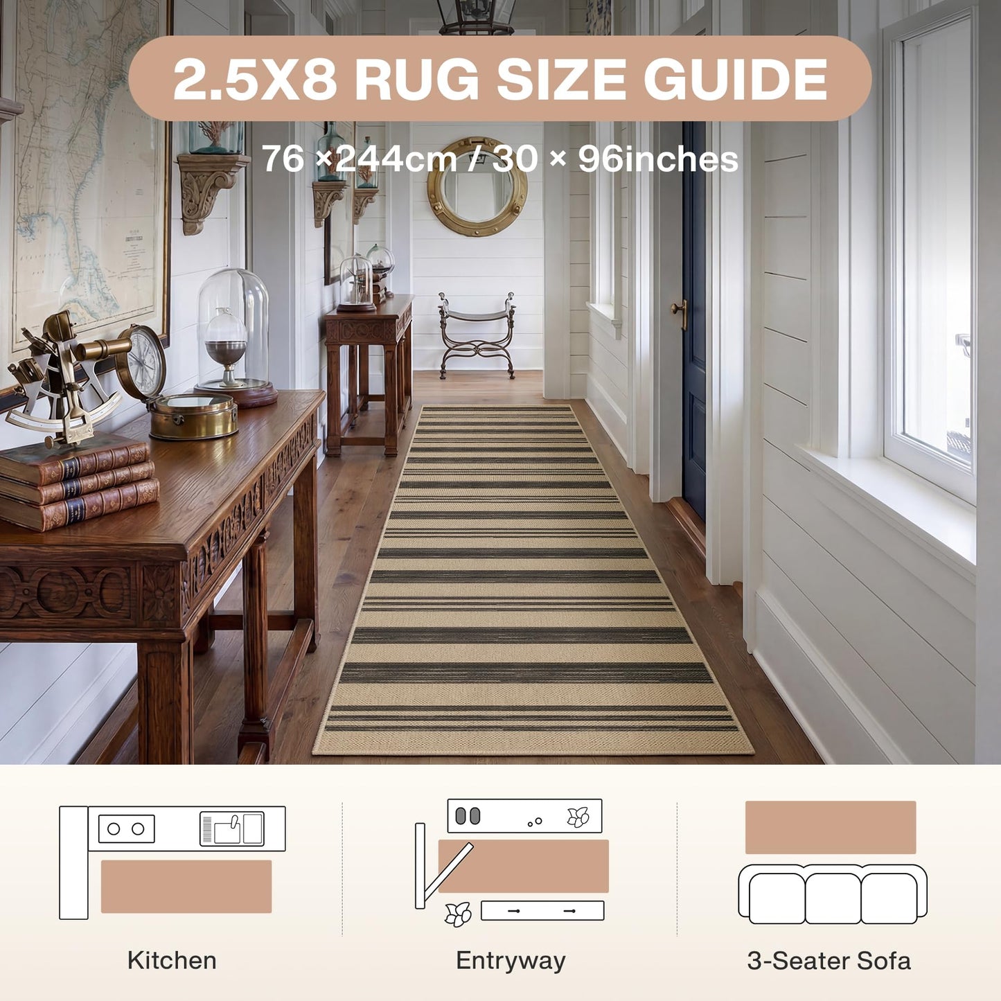 Tribesigns Striped Easy Jute 2.5'x8' Hallway Runner Rug Non Slip, Black Outdoor Kitchen Runner Rugs Non-Skid Washable, Farmhouse Modern Indoor Carpet for Entryway Porch, Oeko-Tex Certified