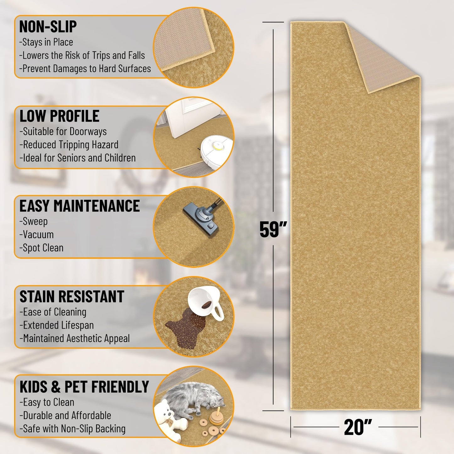 Sweet Home Stores Non-Slip Solid Design Rubberback Runner Rug for Kitchen, Hallways, Bathroom, Entrance, Bedroom, 20" x 59", Beige