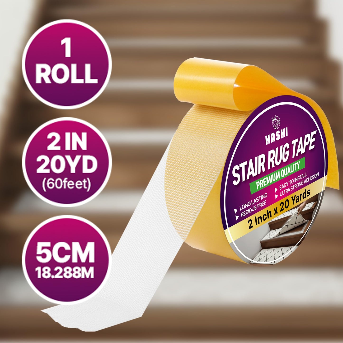 HASHI Double Sided Stair Tread Tape (2" x 20 Yards), Heavy Duty Non Slip Rug Gripper for Carpet & Runners, Safe for Hardwood Floors