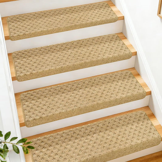 DEXDE Bullnose Carpet Stair Treads Non Slip for Wooden Steps Indoor, 30" x 9.5" x 1.7" (14 Pack) - Peel and Stick Stair Runner Rugs with Edge Protection, Washable & Reusable Pet Friendly Mats, Beige