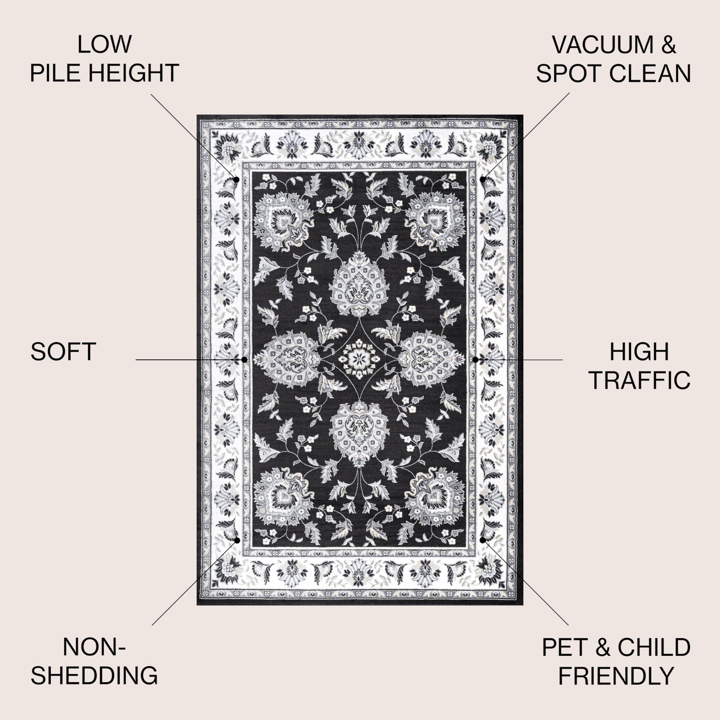JONATHAN Y Cherie French Cottage Black/Cream Indoor Area Rug, 5x8, Vintage, Bohemian, Easy-Cleaning for Living Room, Bedroom, Kitchen, Pet Friendly, Non-Shedding (MDP505D-5)