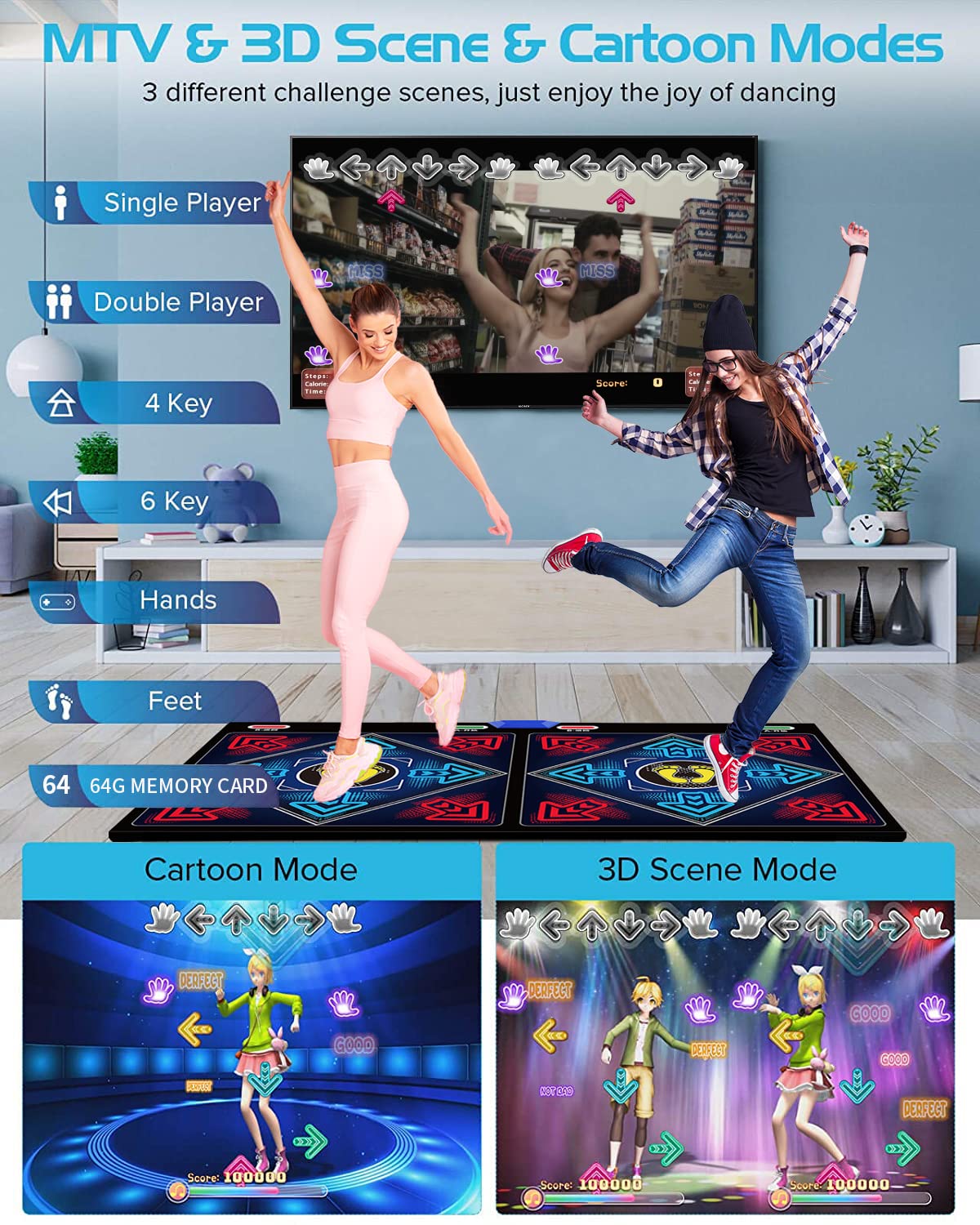 WuZhuangYuan Music Dance Mat for Kids & Adults,Ideal for Fitness Dance Games,64GB Memory Card,899 Games,75 Music Videos,650 Songs.for TV use,Made of Premium Flannel,a Luxurious Gift for Children