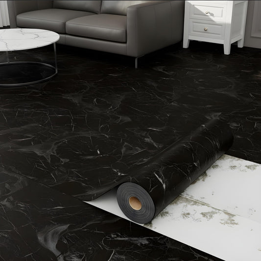 Oxdigi Vinyl Floor Tiles Peel and Stick 23"x 118"/19 Sq.Ft, Thicken Self Adhesive Vinyl Flooring Roll Marble Pattern Waterproof DIY Floor Coverings for Bathroom Living Room Kitchen, Black Marble