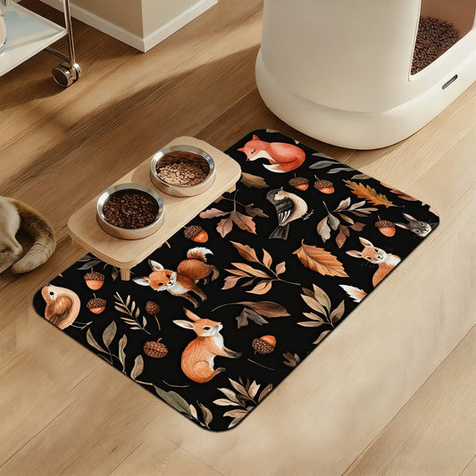 Wild Forest Animals Pet Feeding Mat–Quick Dry Absorbent Dog Cat Food Mat, Non Slip Waterproof Bowl Placemat for Messy Eaters, Pet Accessories for Floors 12"x20"