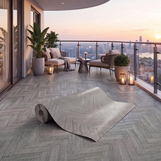 Klyyo Clyro Outdoor Flooring Roll, 3.28' x 32.8' 107.6 sq ft Waterproof PVC Vinyl Deck Covering, Gray Wood Grain, UV Resistant Floor Mat with Installation Tape for Balcony Patio Porch Concrete