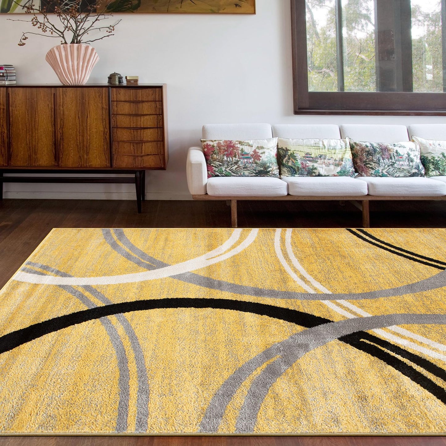 Rugshop Wavy Circles Design Area Rug, Non-Shedding Carpet for Living Room, Bedroom, or Office, Yellow, 6'6" x 9'