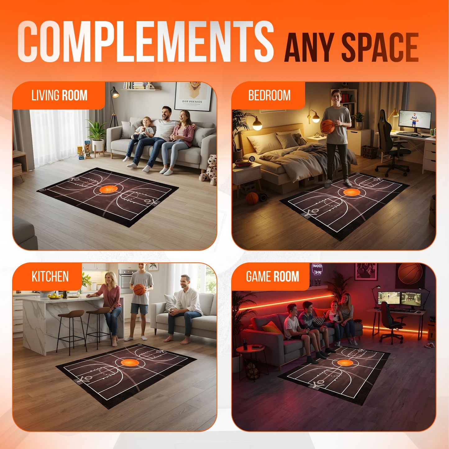 Aurox Studio Basketball Rug - Sports Rugs for Boys Bedroom, 3' x 5' Area Rug with TPR Backing, Indoor Basketball Carpet for Kids Room, Non-Slip Court Design, Great Boys Room or Game Room Decor