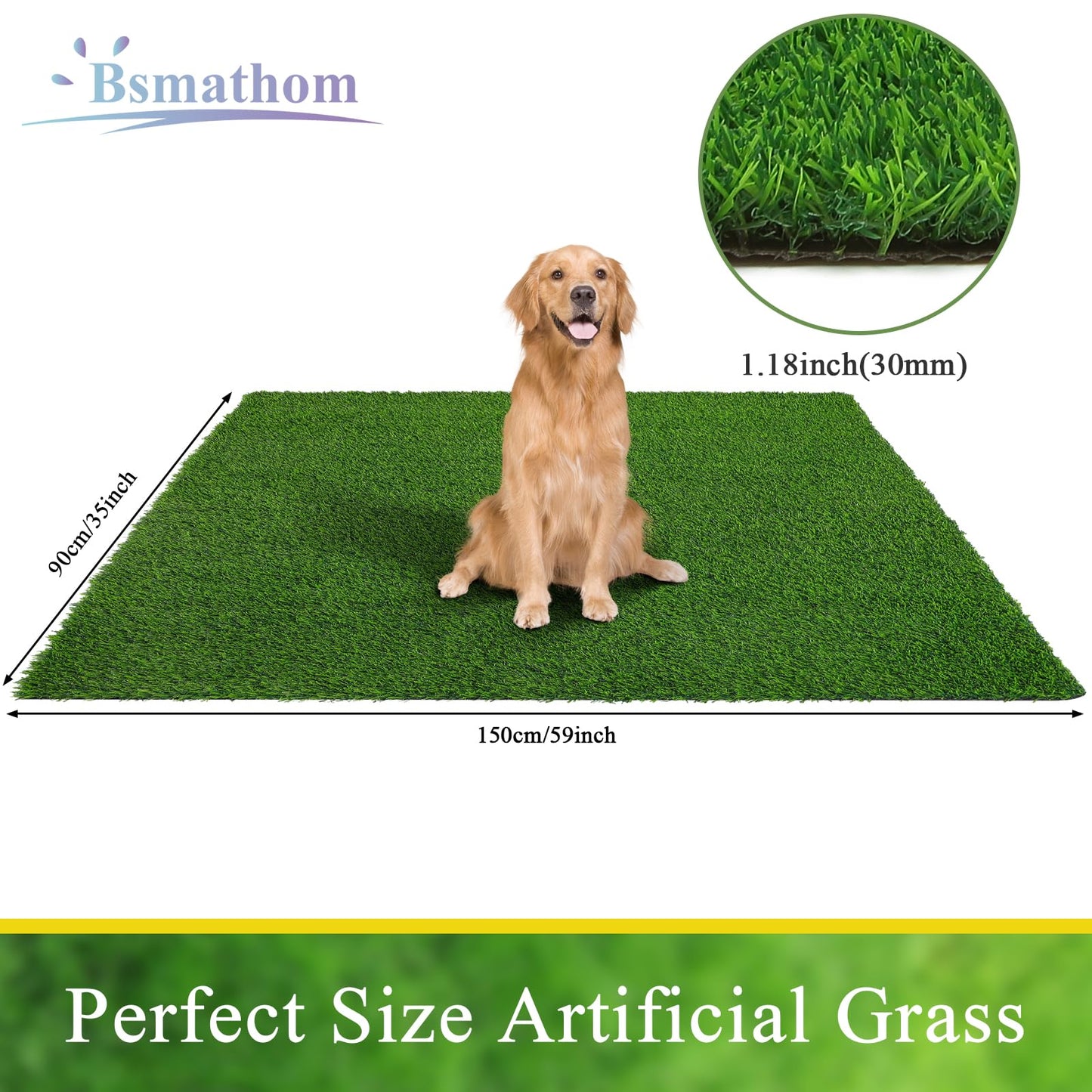 Bsmathom Artificial Grass Rug Indoor Outdoor Rug, 3x5Ft Dog Grass Mat with Drainage Holes, Synthetic Artificial Grass Turf Fake Grass Rug for Balcony Garden Lawn Landscape, 3x5Ft