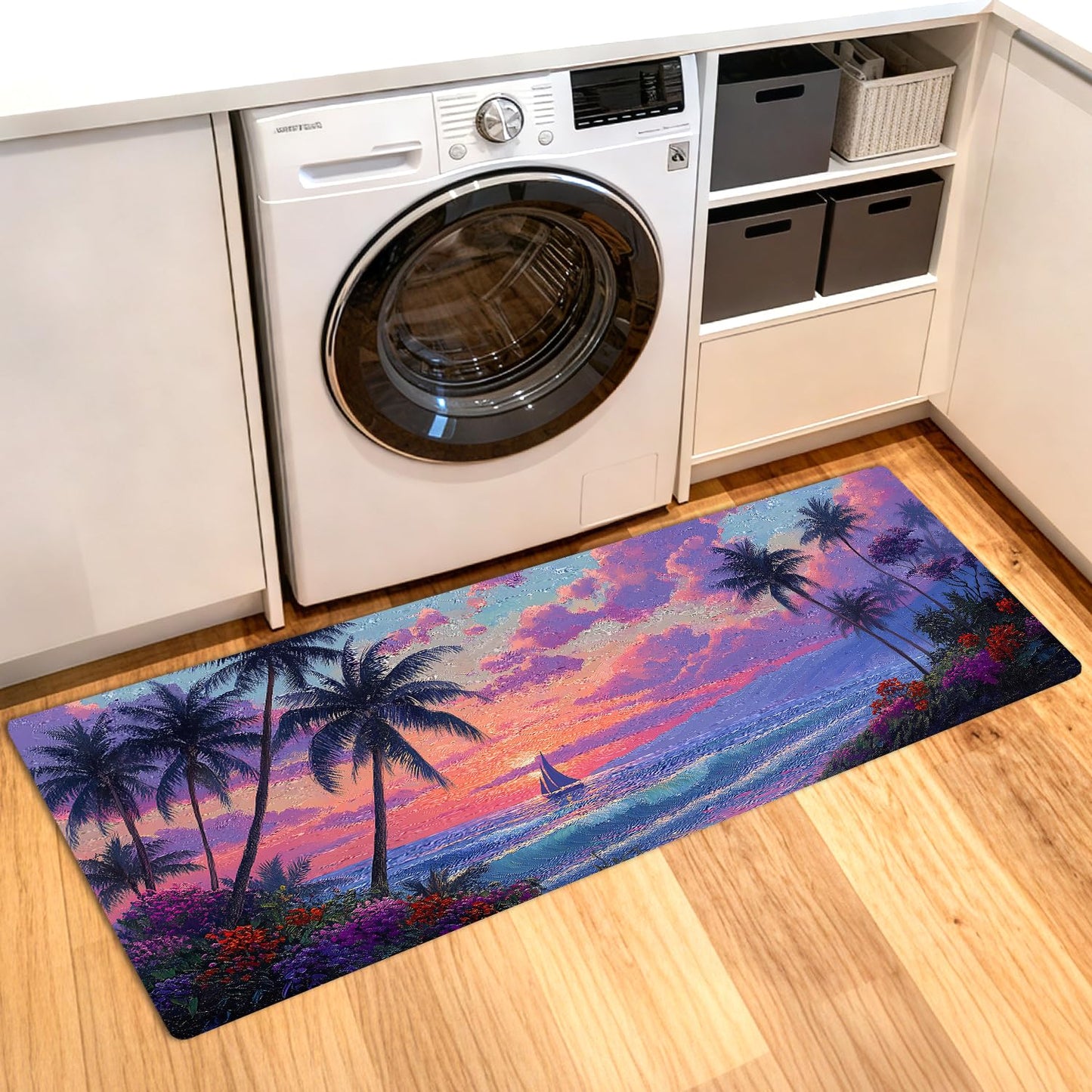 ANNA QUEEN Pink Sunset Laundry Room Rug 20x47 Inch – Non Slip Pink Sunset Mat for Laundry Room, Kitchen, Entryway, Holiday Decor