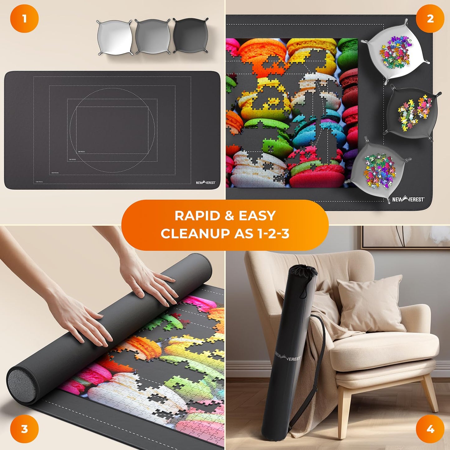 The Original Newverest Jigsaw Puzzle Mat Roll Up, Saver Pad 46” x 26” Portable Keeper Up to 1500 Pieces with Non-Slip Rubber Bottom & Smooth Top + 3 Puzzle Sorting Trays & Travel-Friendly Storage Bag